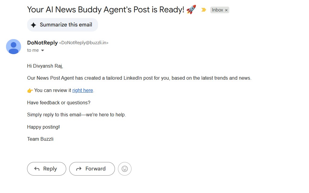Email notification from AI News Buddy Agent