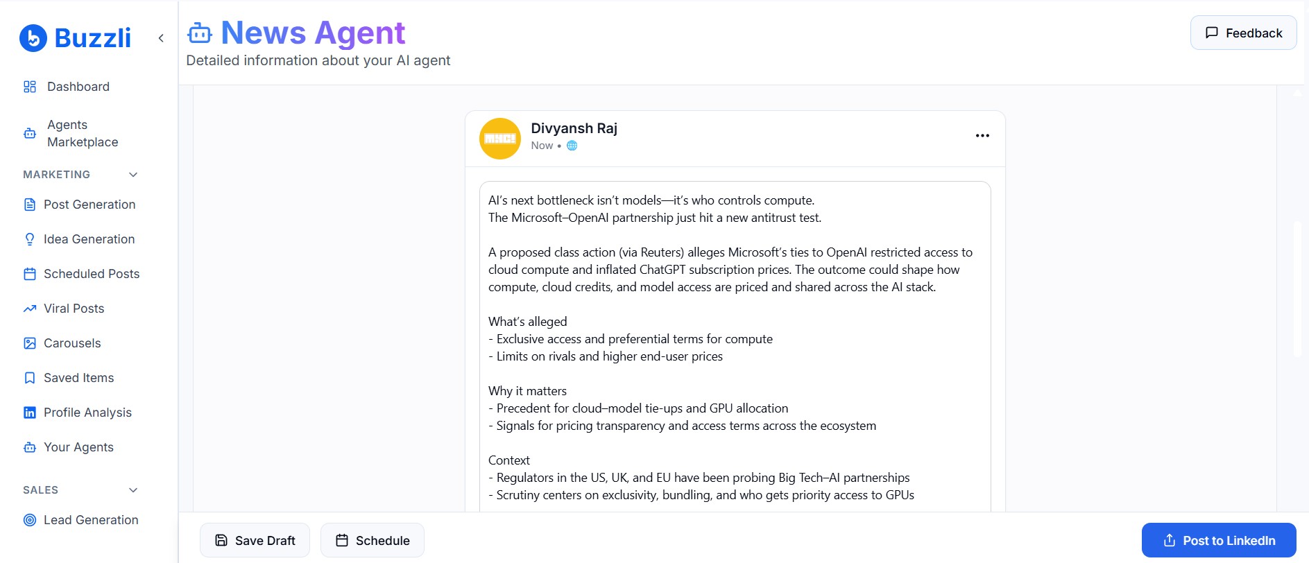 Generated LinkedIn post by AI agent