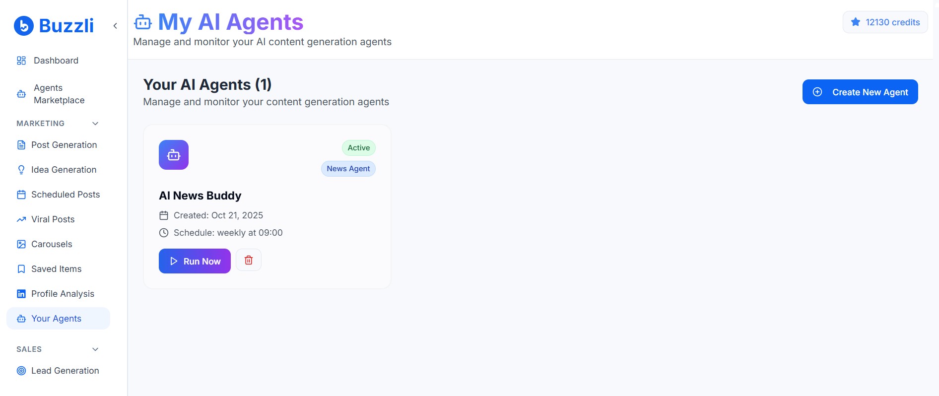 Run Now button to test AI agent instantly