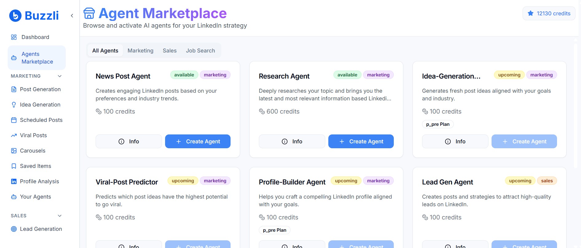 Agents Marketplace in Buzzli dashboard