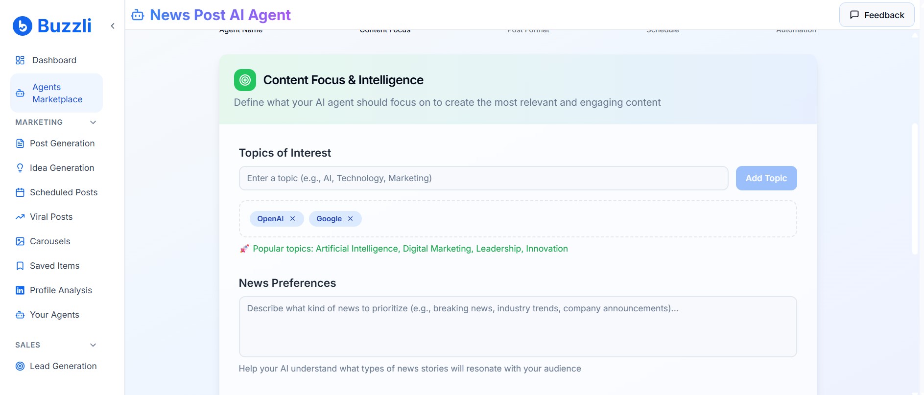 Topics of interest input