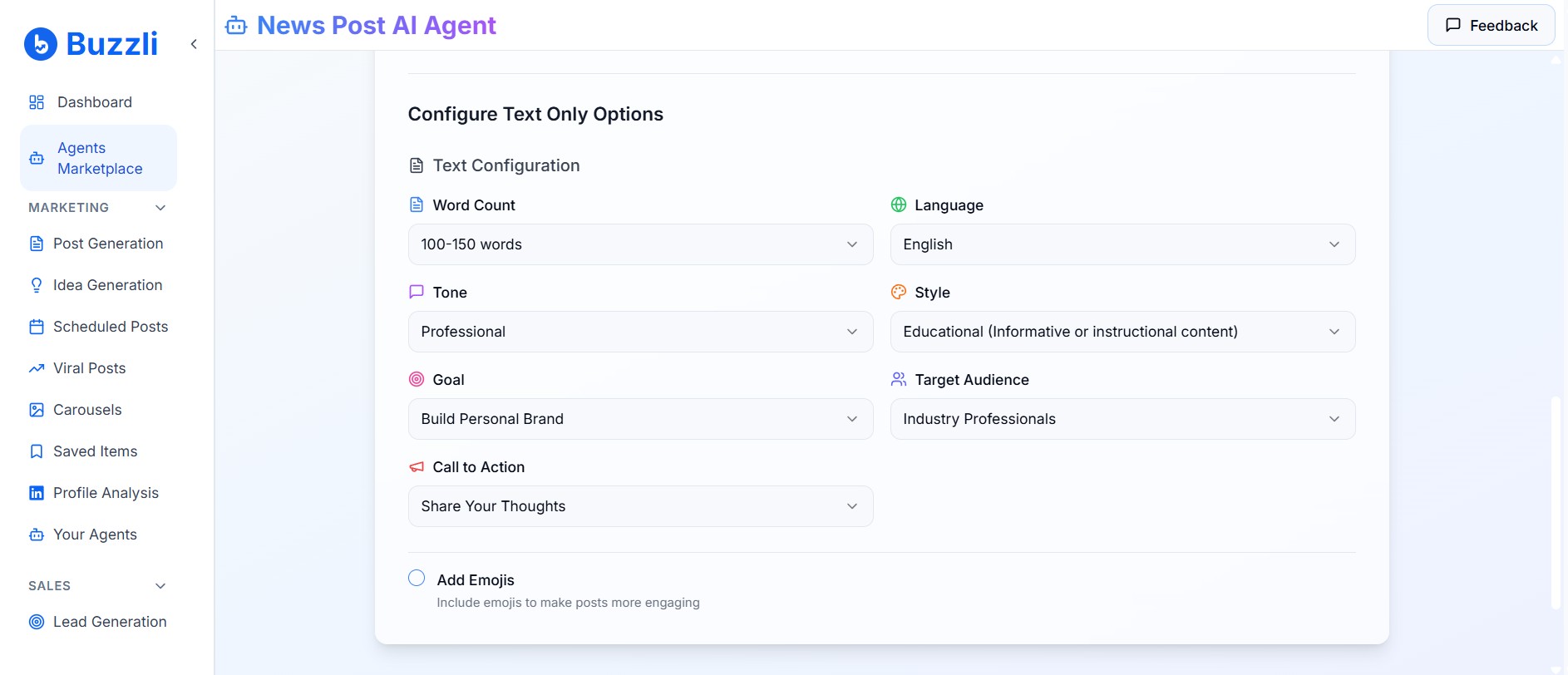 Text only post configuration options
