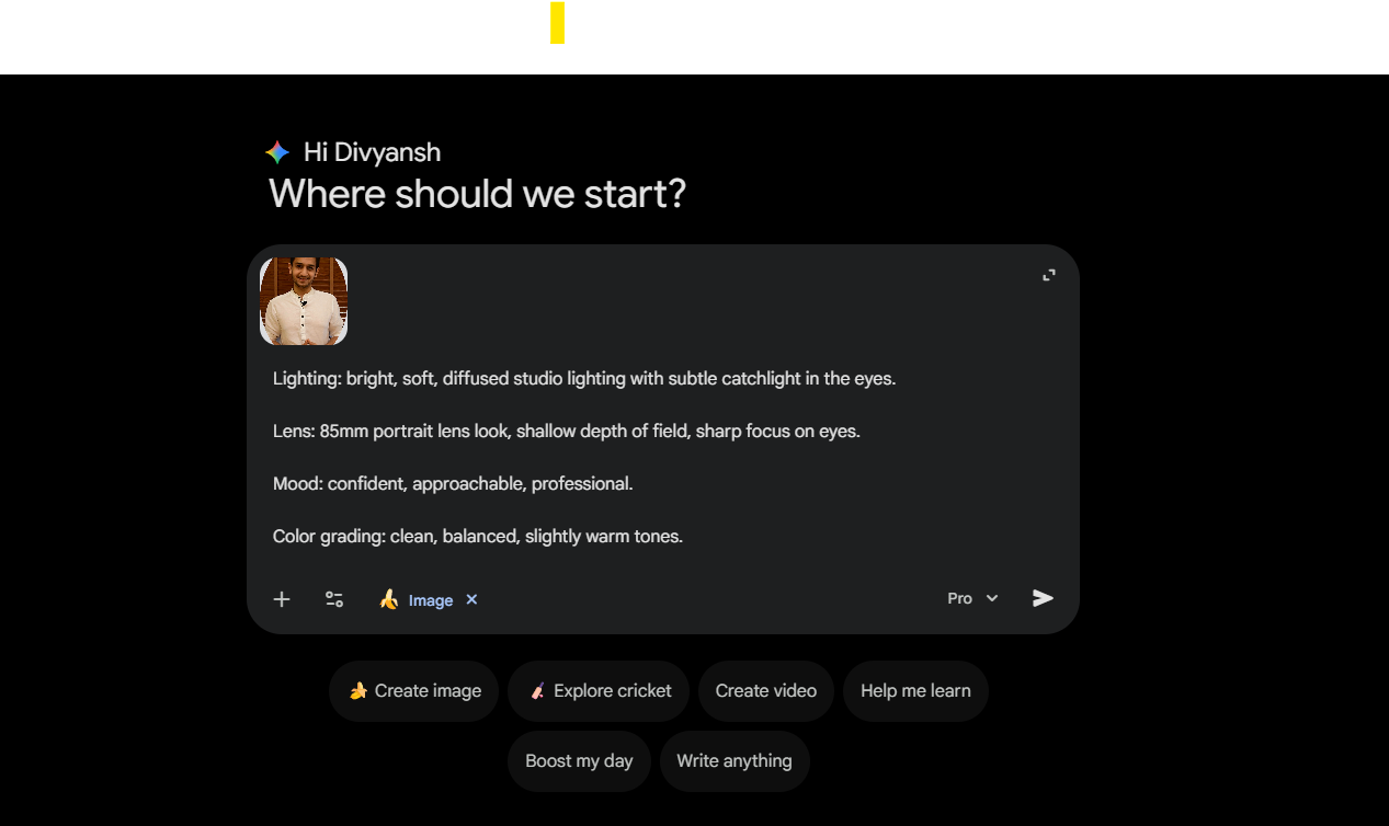 Screenshot of Google Gemini interface with the AI headshot prompt and uploaded photo