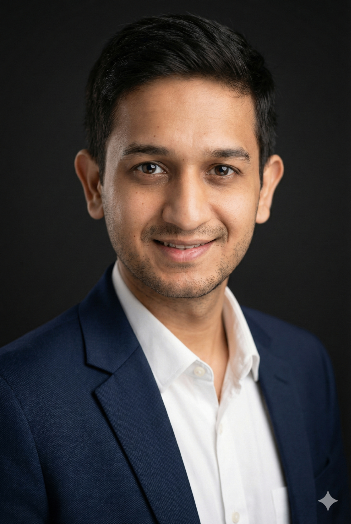 Final AI-generated professional LinkedIn headshot with studio lighting and dark background