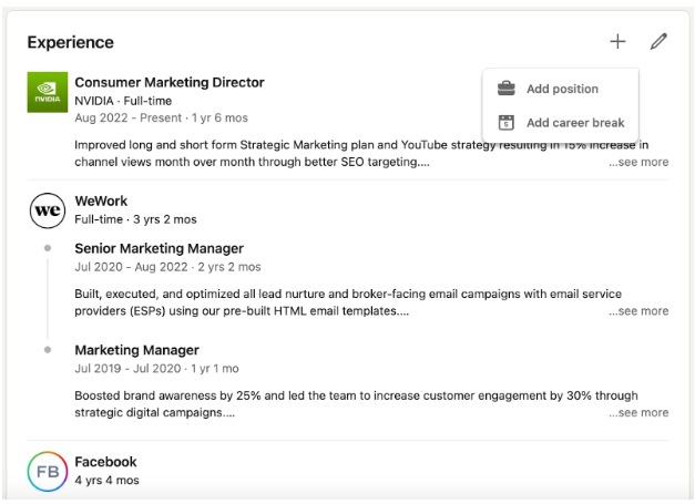 Example of a LinkedIn experience section showing outcomes instead of responsibilities