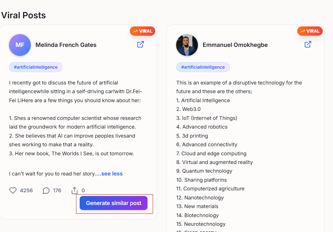 Generate Similar Post button in Buzzli's Viral Post Finder