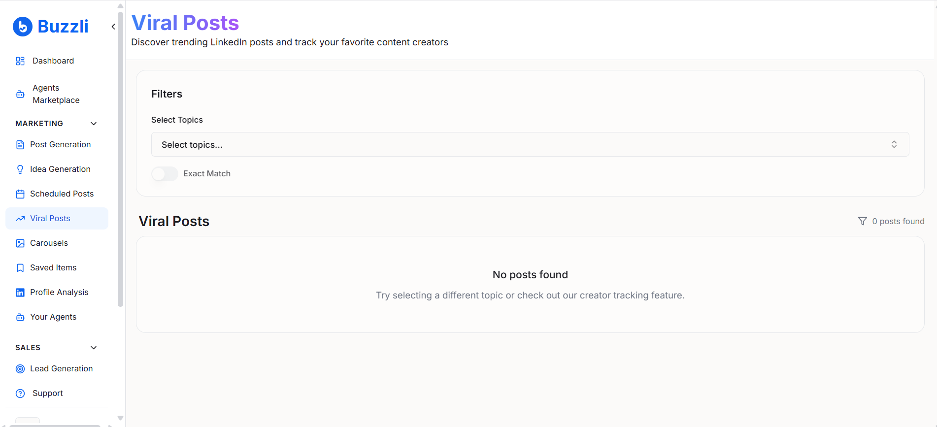 Buzzli Viral Posts section in the left-hand menu