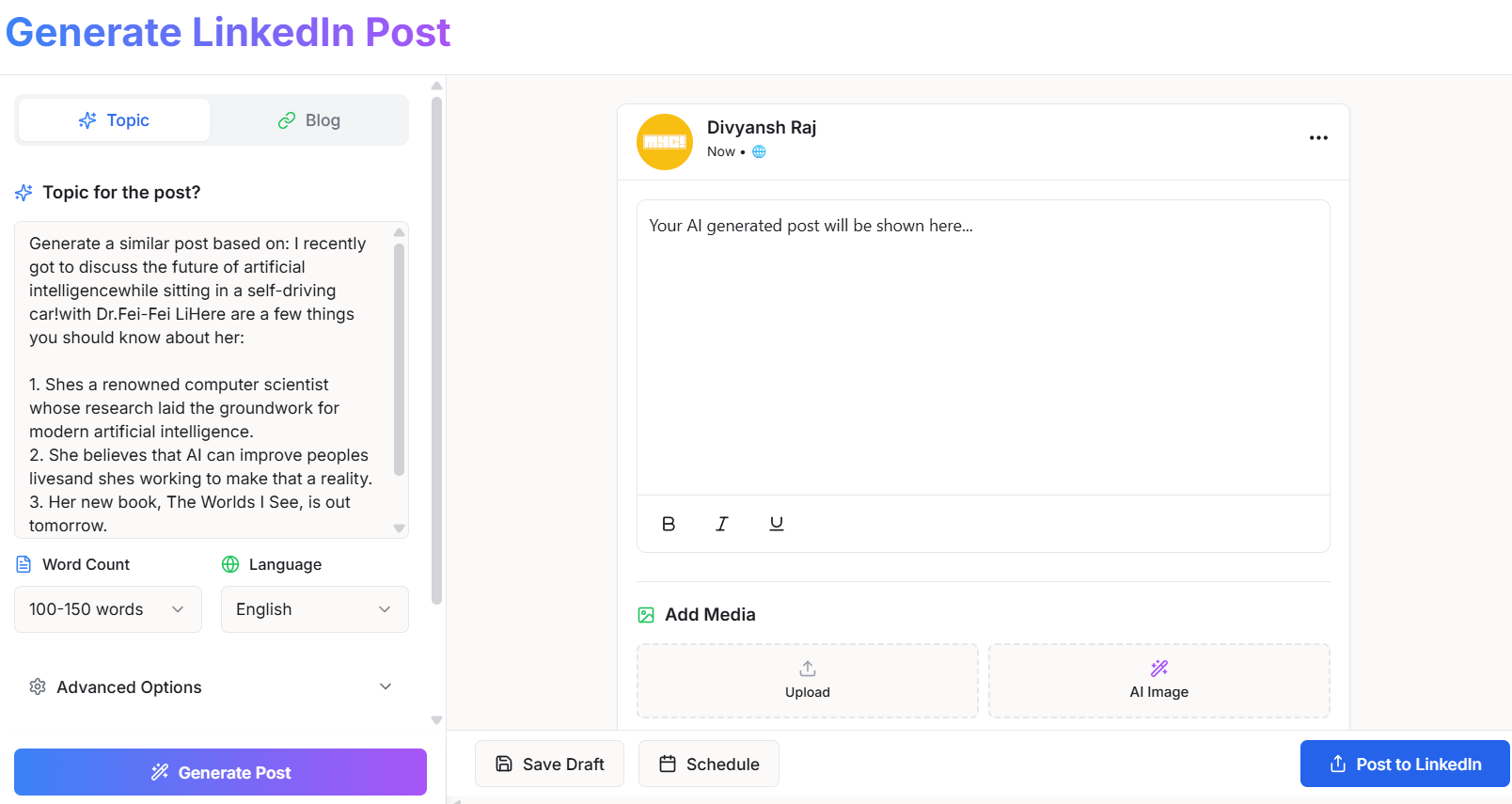 Buzzli post generation section using viral post as inspiration