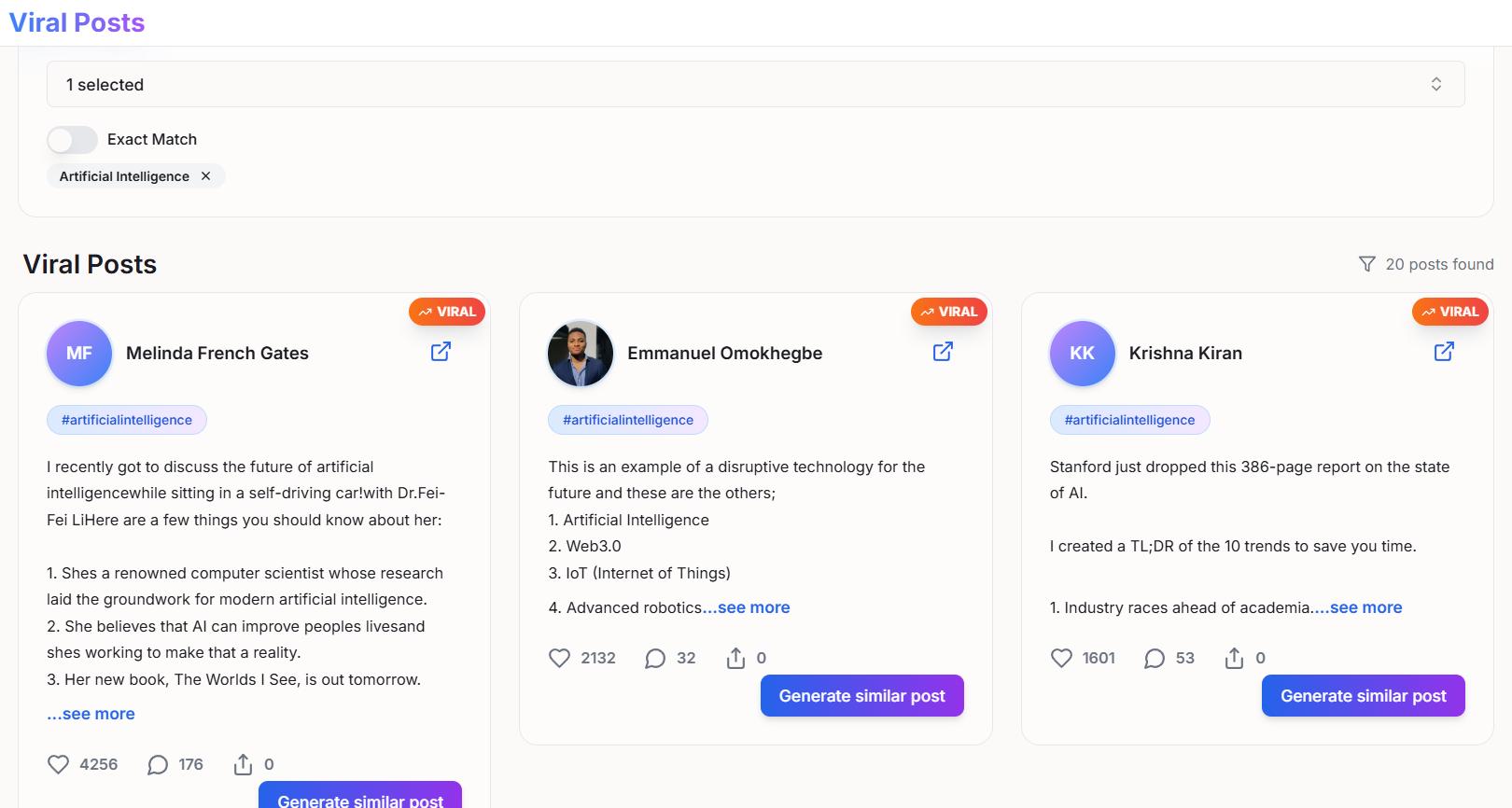 Viral LinkedIn post results showing engagement metrics and creators