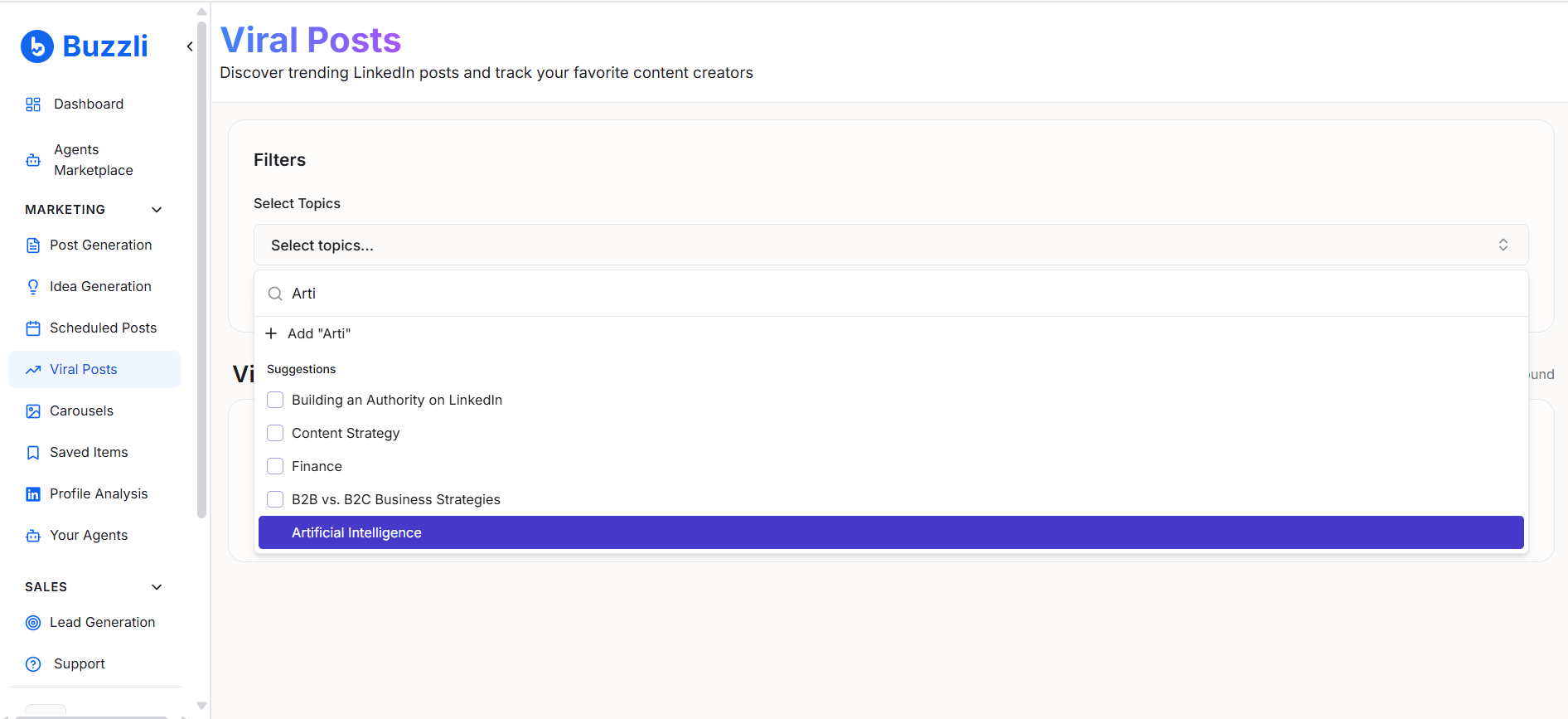 Selecting topics to filter viral LinkedIn posts in Buzzli