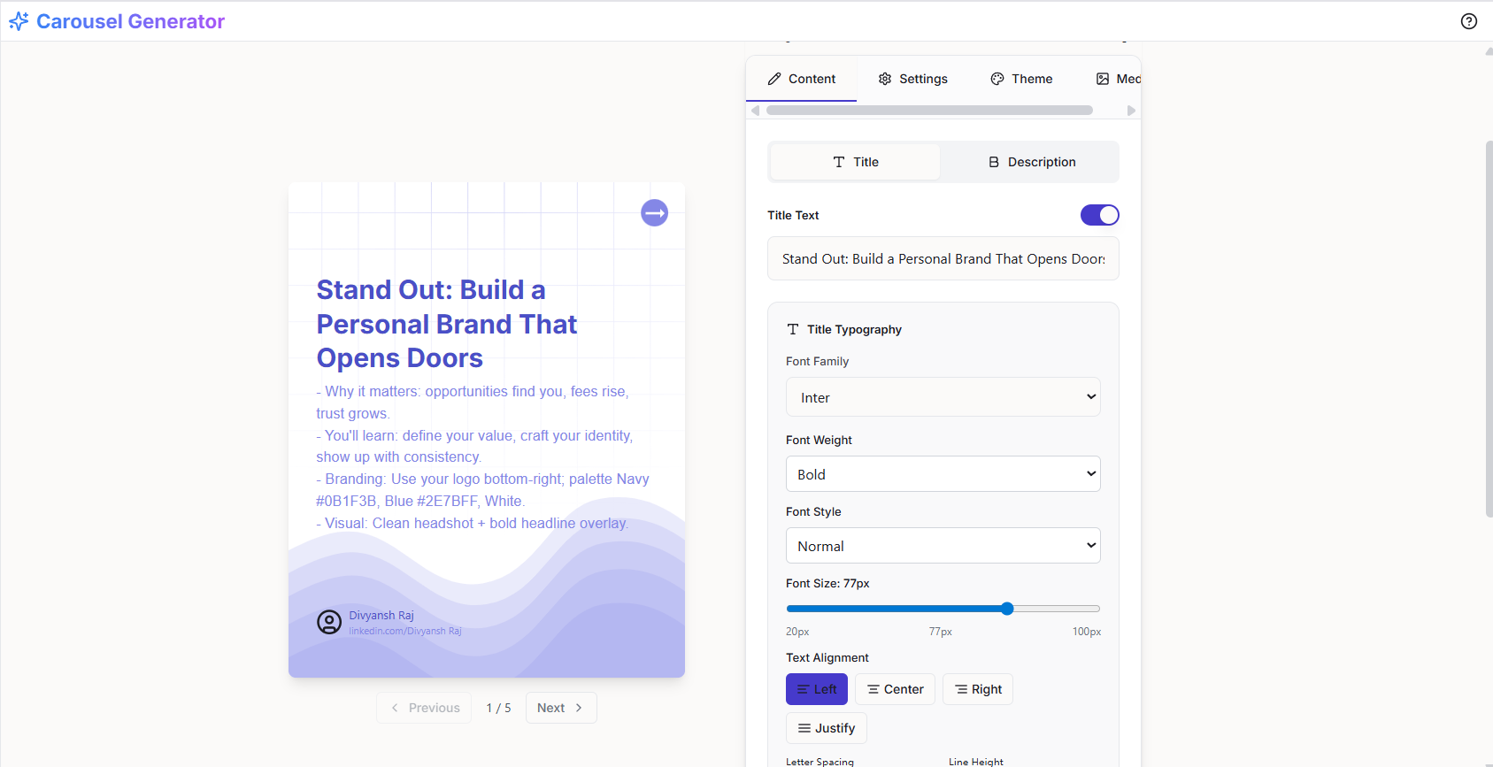 Generated carousel content in editor