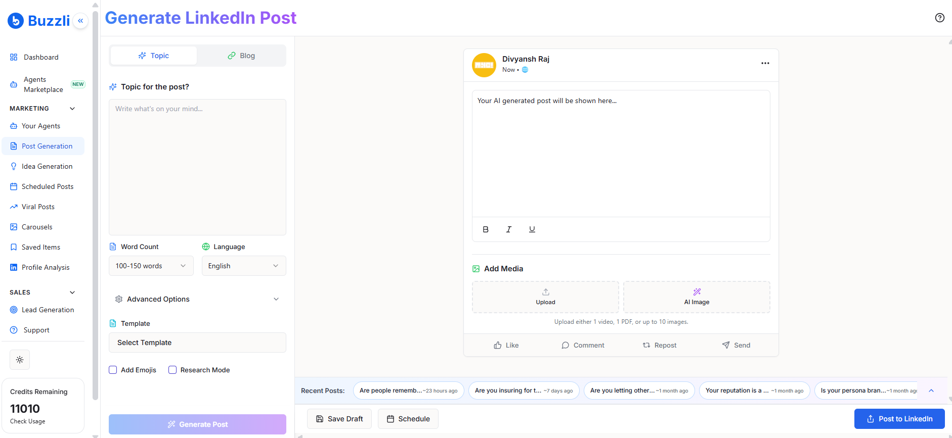 Post Generator page in the left-side menu