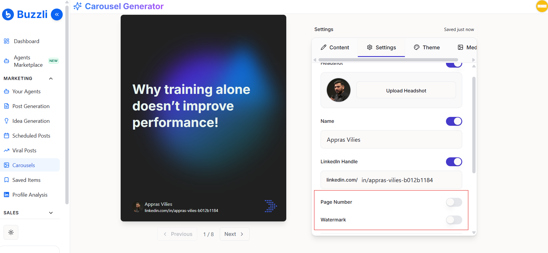 Page Number and Watermark toggle options