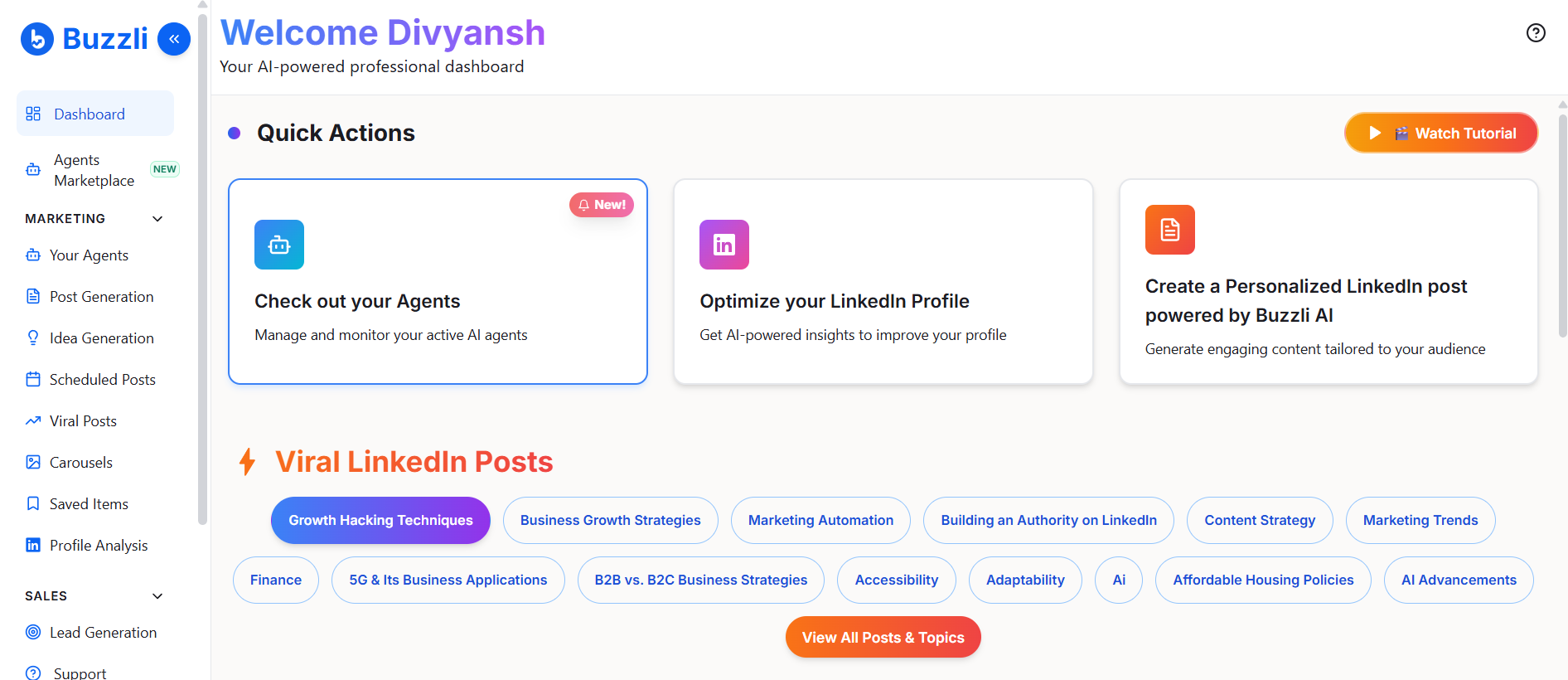 Buzzli dashboard overview showing quick actions, viral posts, and navigation