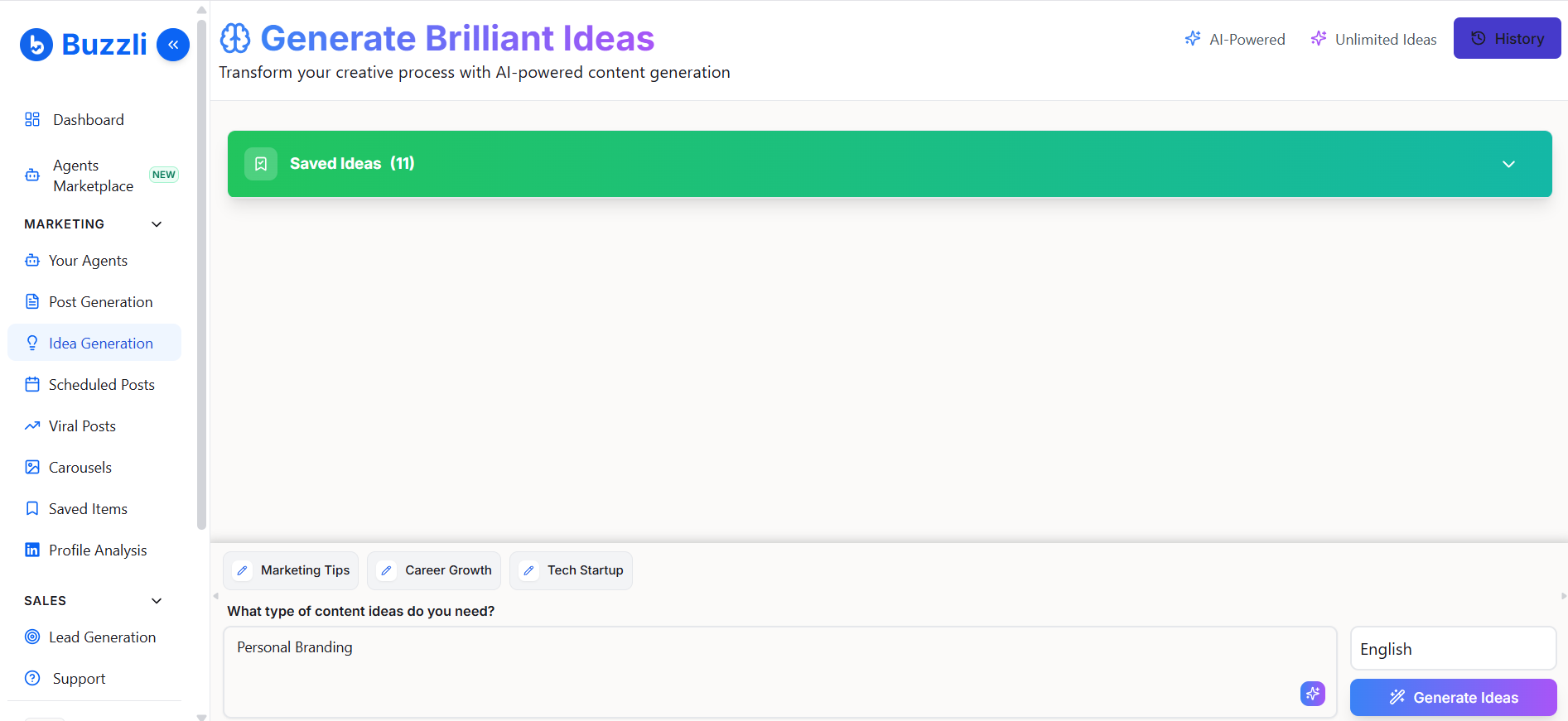 Idea Generator page with topic input field
