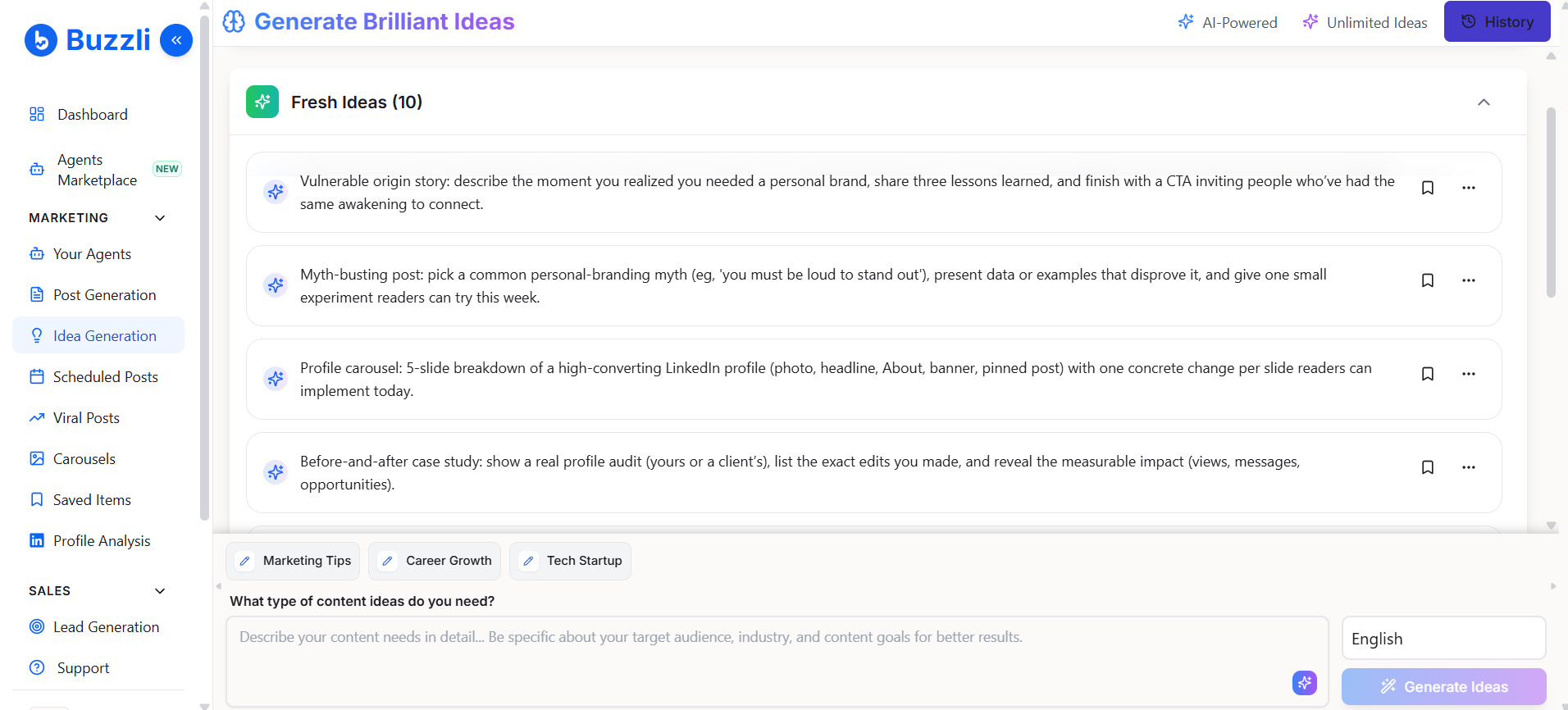 Generated content ideas list