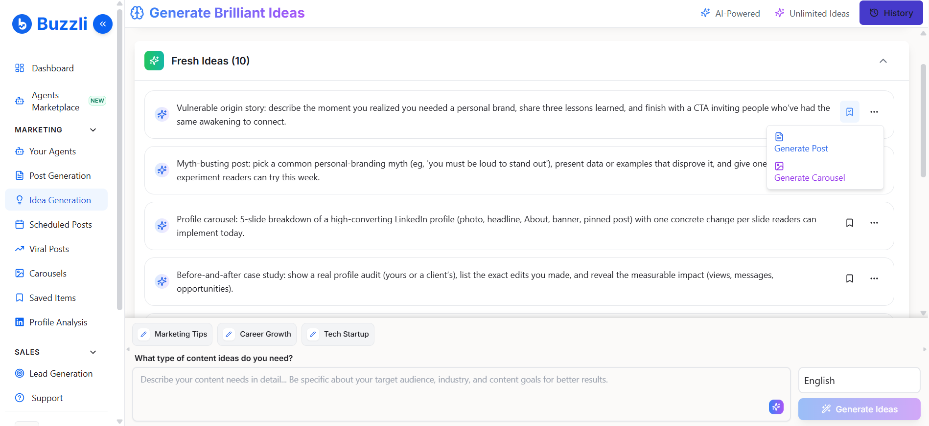Options menu to generate post or carousel from an idea