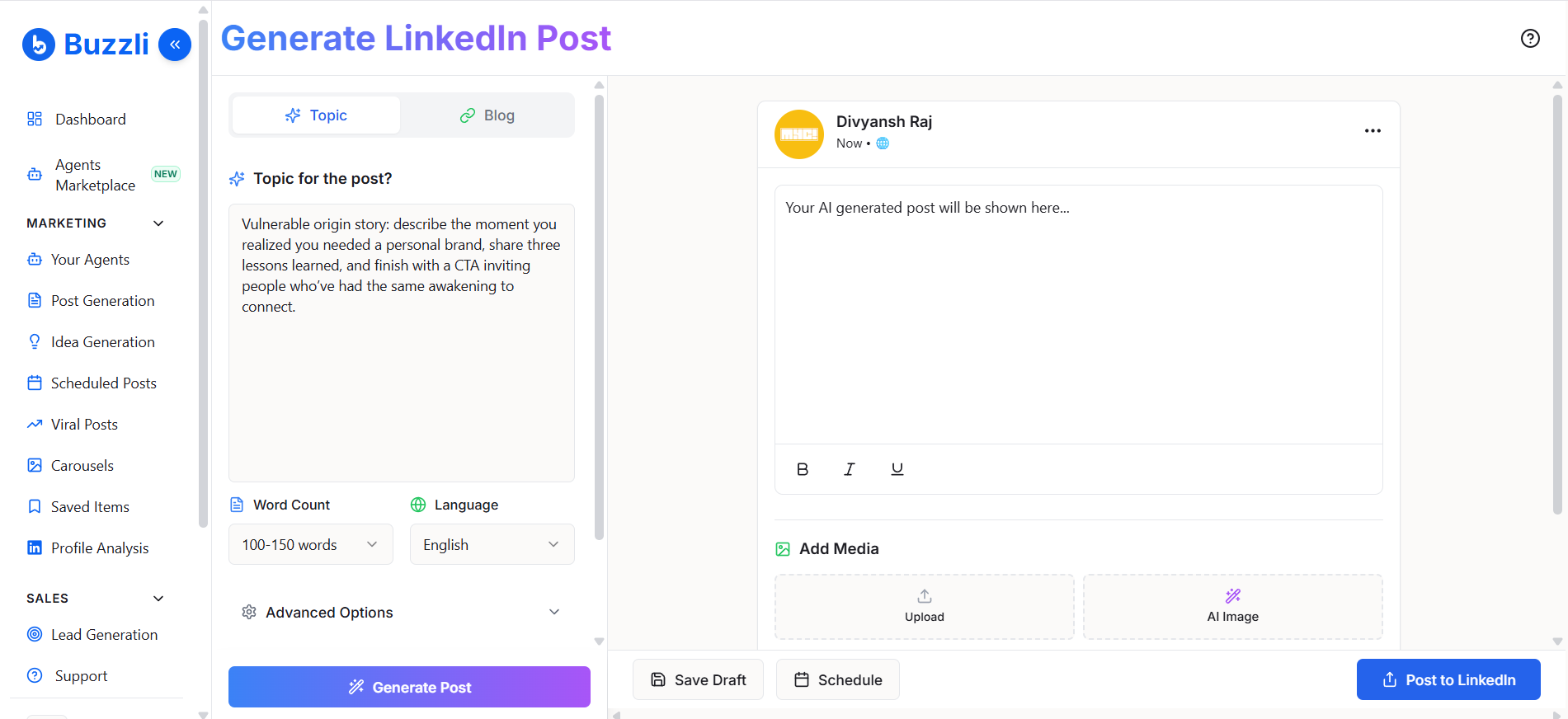 Post Generator with idea pre-filled