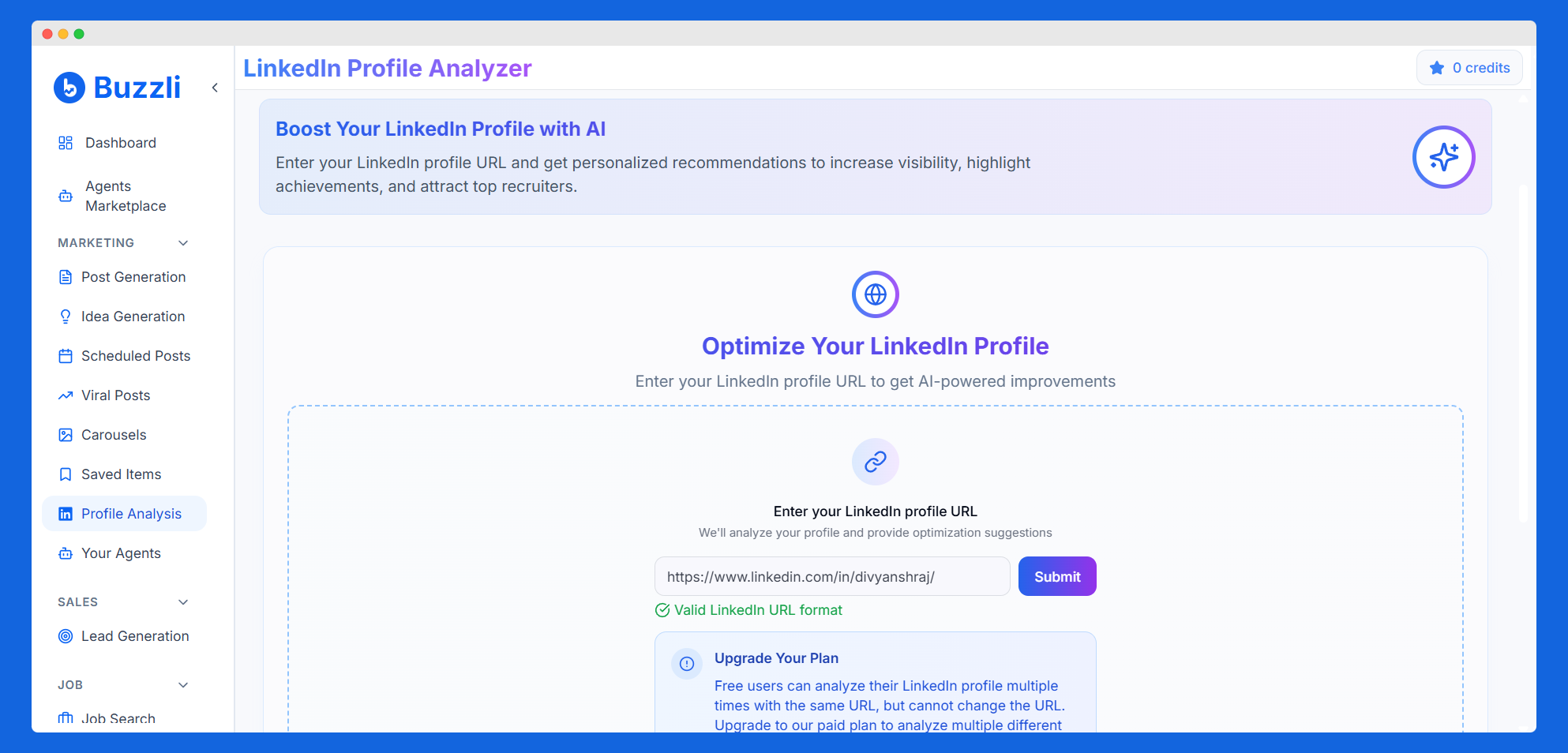 Buzzli Profile Analysis tool interface with LinkedIn URL input field and submit button for AI analysis