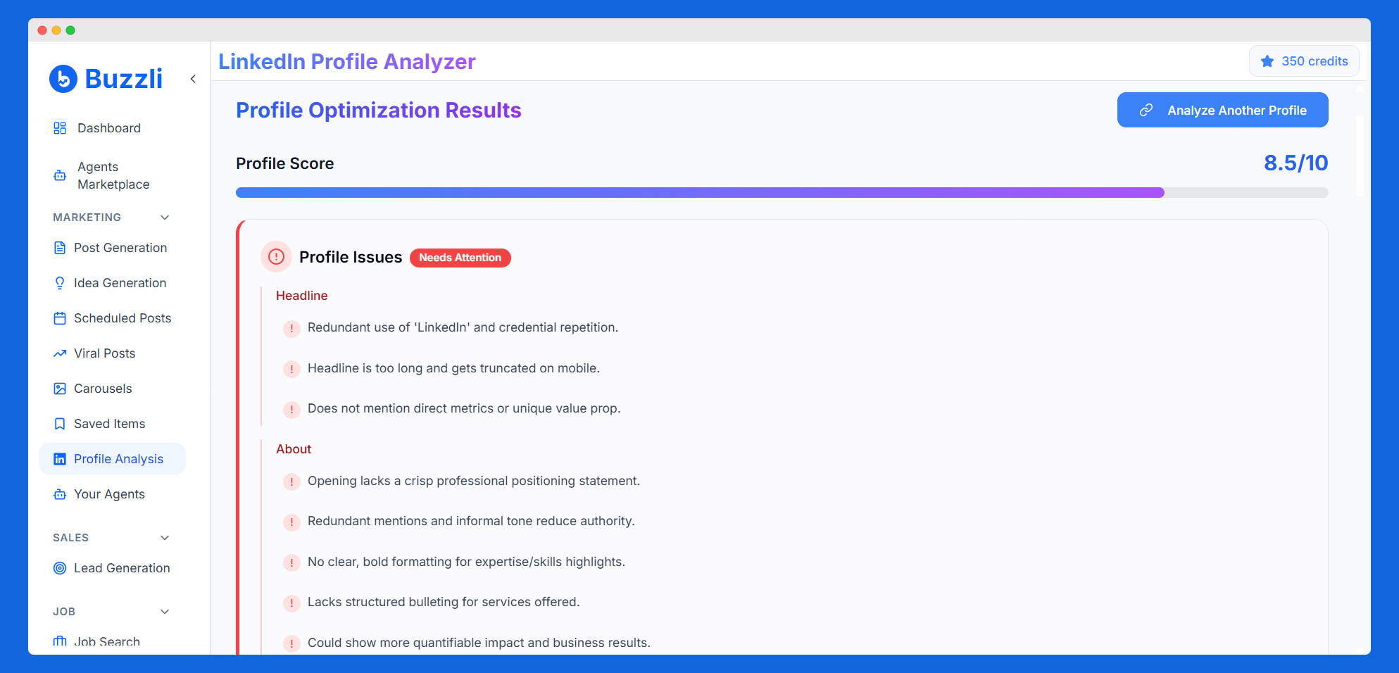 LinkedIn Profile Optimization Results showing profile score and detailed analysis of headline and about sections with AI recommendations