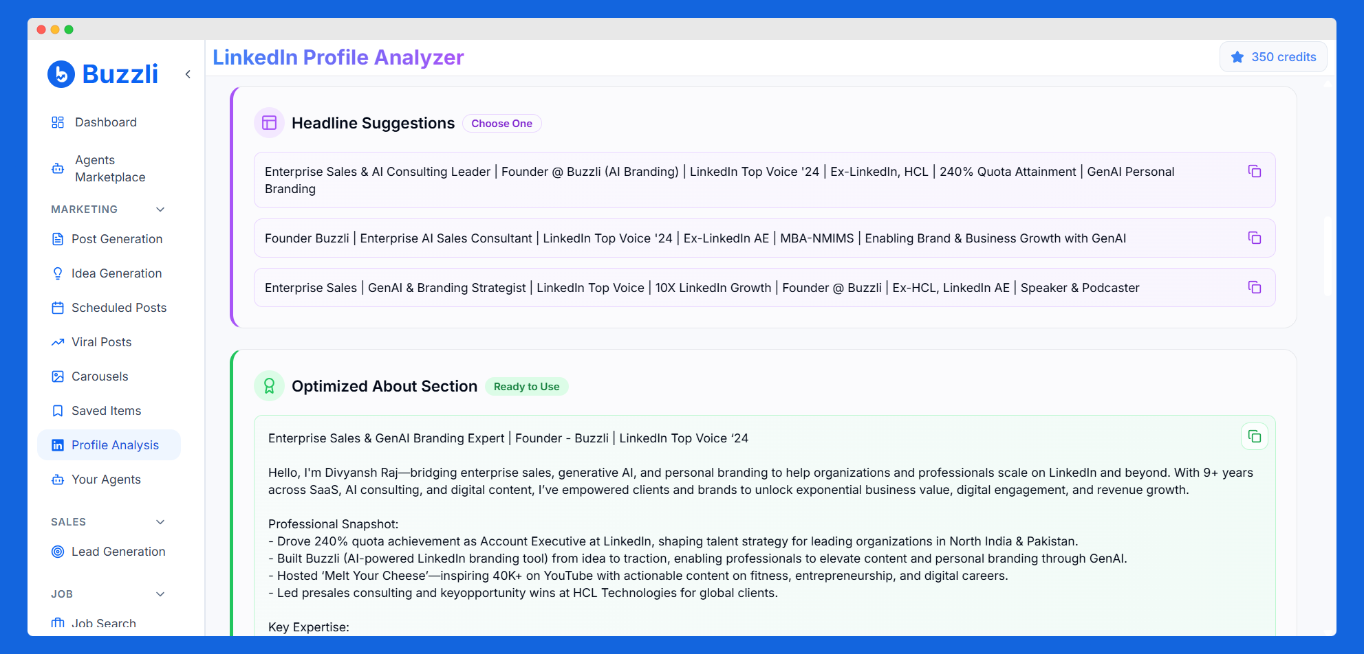 AI-generated headline suggestions and optimized about section recommendations with specific improvement tips