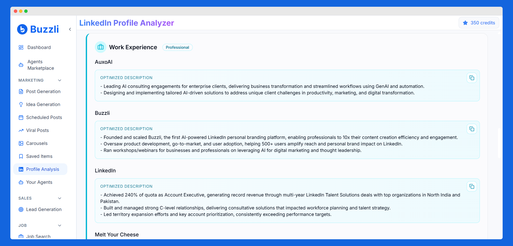 Optimized work experience descriptions showing professional achievements and impact with quantified results