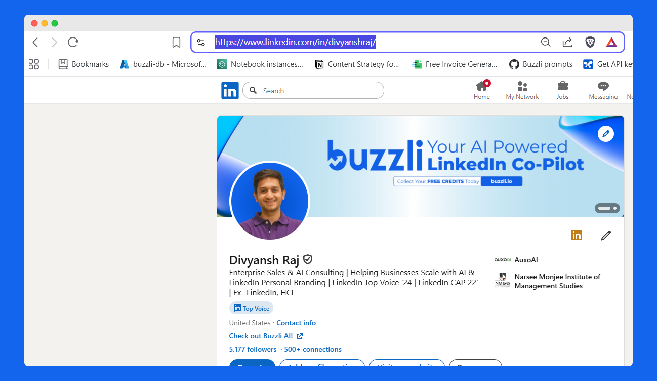 Browser address bar showing LinkedIn profile URL format with highlighted URL for copying