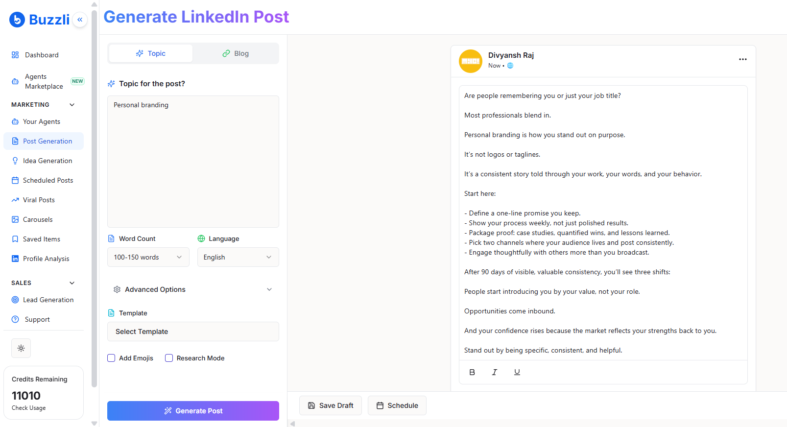 Buzzli post generator showing a generated LinkedIn post