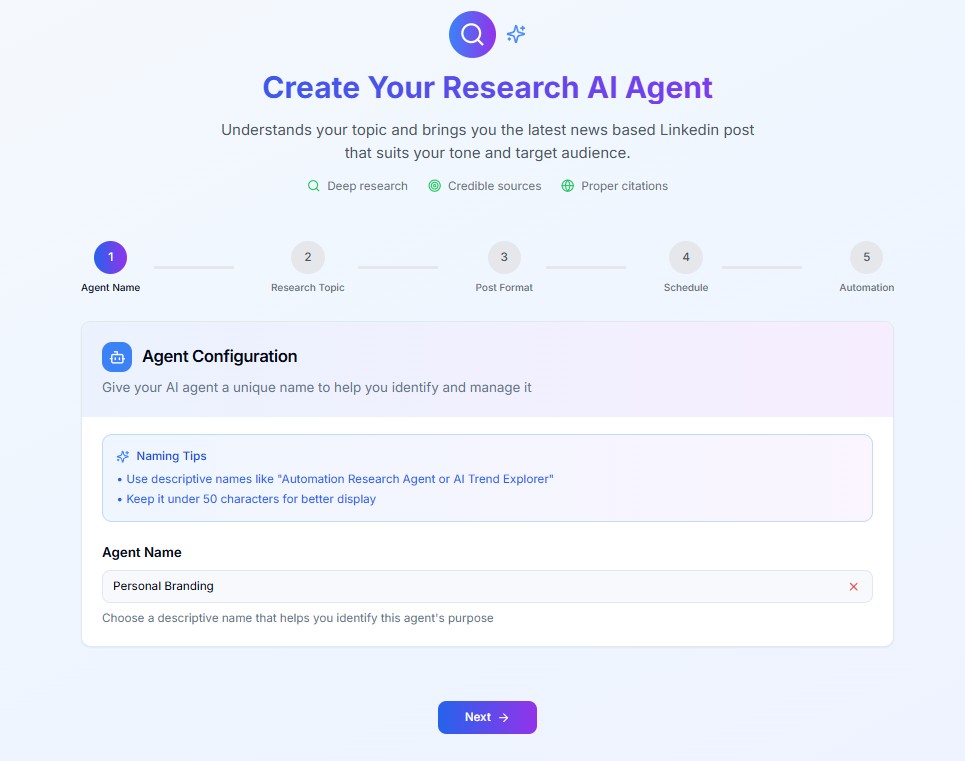 Step 1: Choose the Research Agent from the Agent marketplace and give it a name.