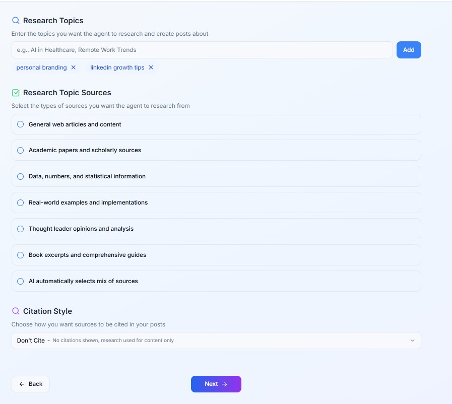 Step 2: Add your topics, Topic Sources and if you want to cite those sources in your LinkedIn Post.