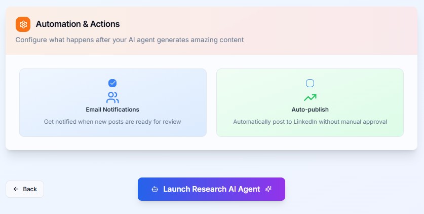Step 5: Choose to receive an email notification when the agent is ready with the post and/or post directly to LinkedIn.