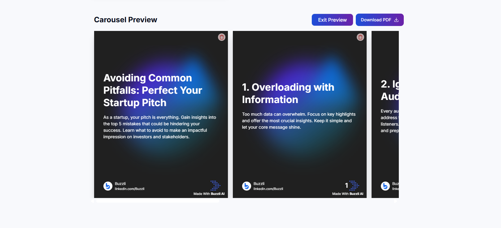 Professional LinkedIn carousel example showing startup pitch tips with visual slides
