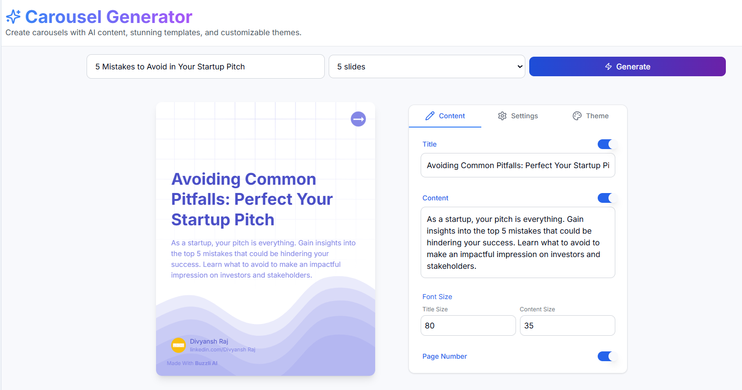 Buzzli carousel generator interface with topic input field and AI-generated slides
