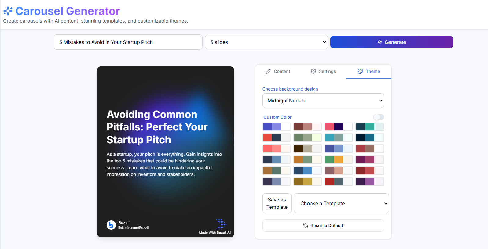 Buzzli carousel customization options showing theme, color, and style settings