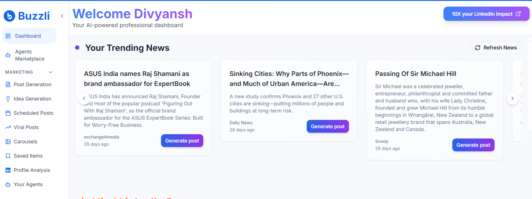 Buzzli AI dashboard interface showing carousel generator tool