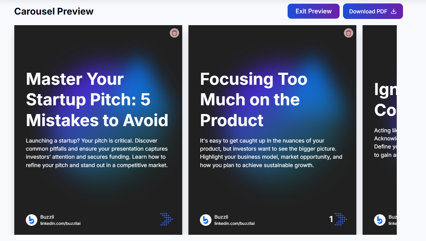 Buzzli carousel preview interface with download PDF option for LinkedIn